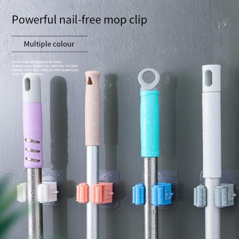 Punch-free Adhesive Hooks Wall Mounted Mop Organizer Holder Brush Broom Storage Rack 7 Color Kitchen Bathroom Accessories
