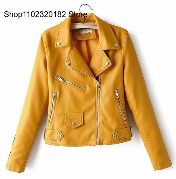 Autumn and Spring Color Casual Pure Pu Jackets and Coat Women