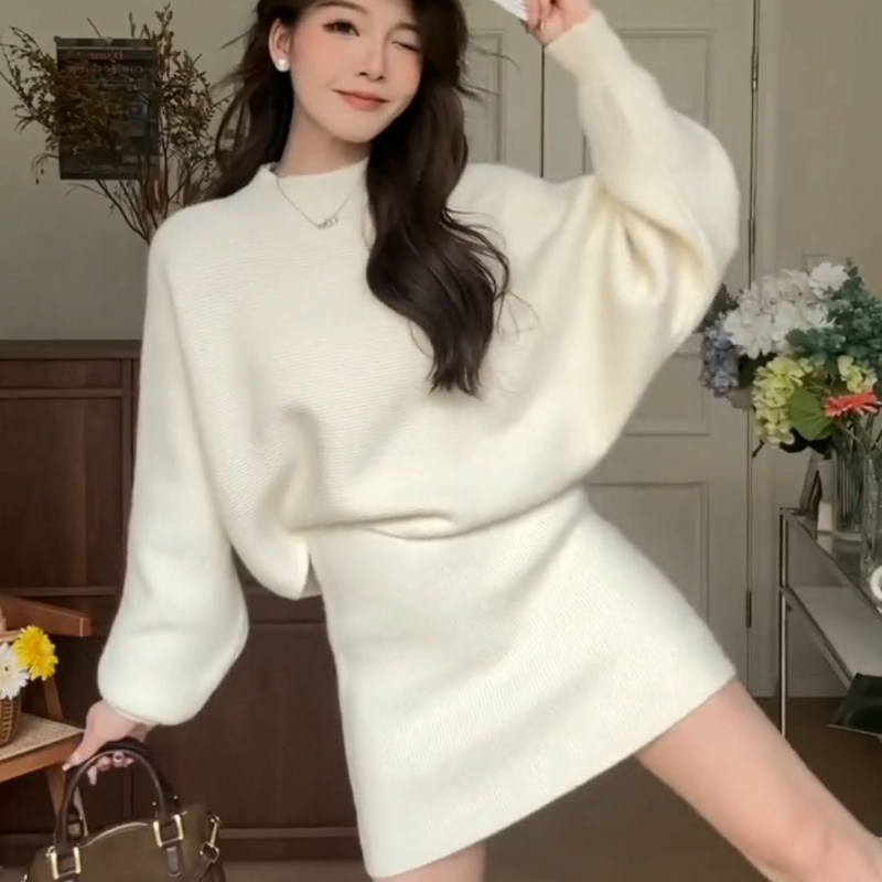 Fato francês de malha preguiçoso feminino, suéter coreano meio gola alta, conjunto de meia saia emagrecedora, novo, outono e inverno
