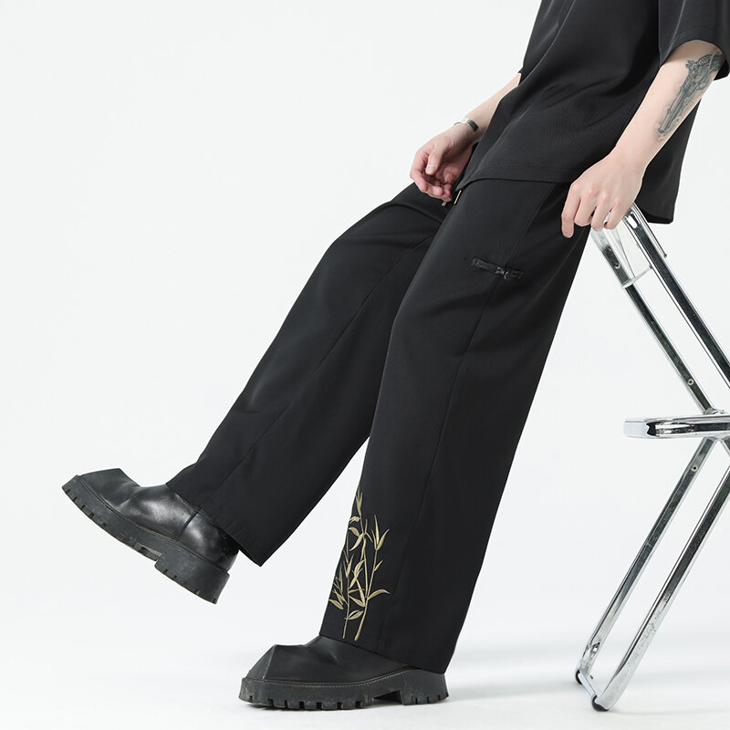 Calça Harlan casual masculina, corredor bordado, calça de perna reta, estilo Harajuku, moletom vintage, preta