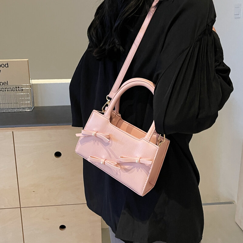 Silver Small Bow Pu Leather Shoulder Bags for Women 2024 Summer Trend Designer Korean Fashion Handbags and Purses Crossbody Bag