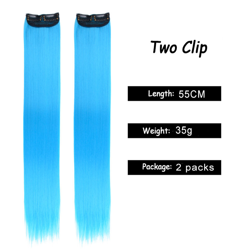 2 sztuki kolorowe niebieskie włosy przedłużenia proste włosy doczepiane Clip in kolorowe 22 Cal tęcza podkreśla treski dla prezenty dla dzieci