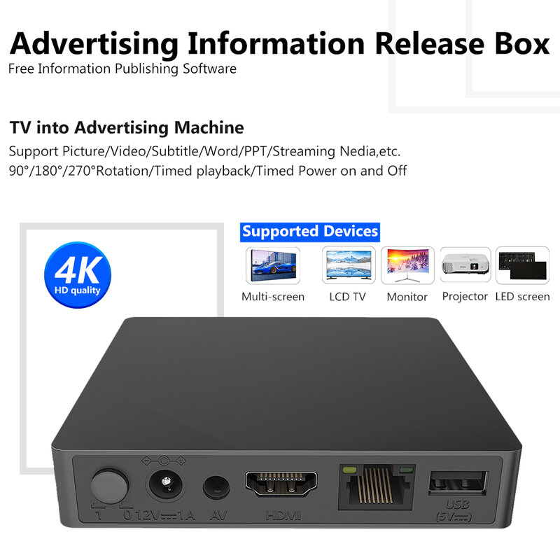 Advertising Box Digital Signage Player 4K Android Information Release Picture Rolling Subtitles Split Screen Display