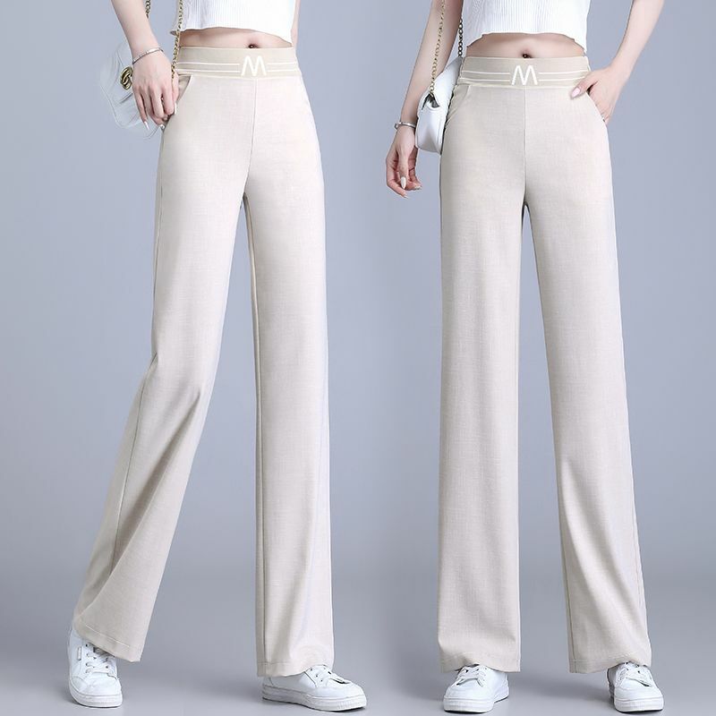 ฝ้ายลินิน ICE Silk กางเกงขากว้างแคบแคบของผู้หญิงชุดสูทรัดรูปเอวสูง2023ใหม่สำหรับสาวออฟฟิศฤดูร้อน