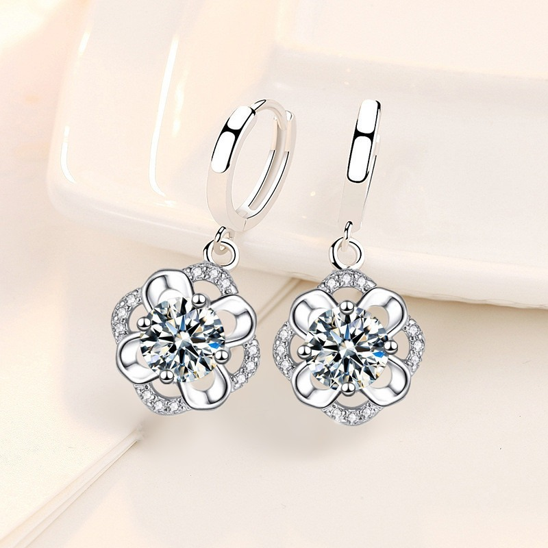 Perak Murni 925 Perhiasan Mode Wanita Baru Anting Bunga Zirkon Kristal Biru Kualitas Tinggi Anting-Anting Penjualan Laris
