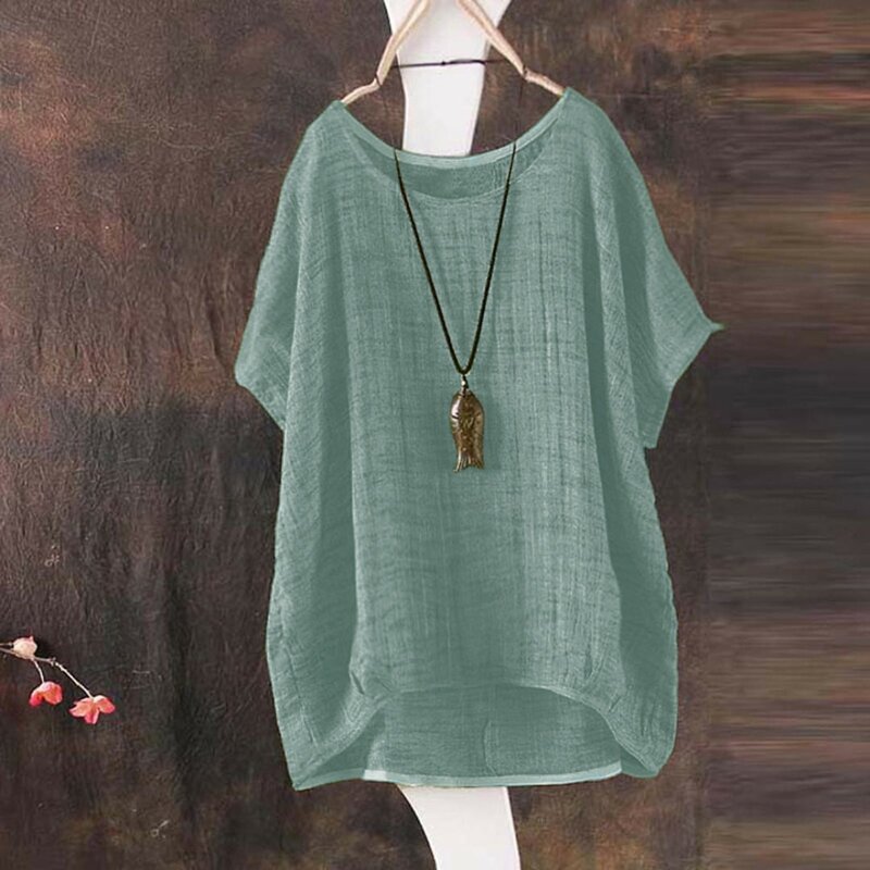 Blusa holgada informal De algodón y lino para Mujer, camisa De manga corta con cuello redondo, talla grande, 2023