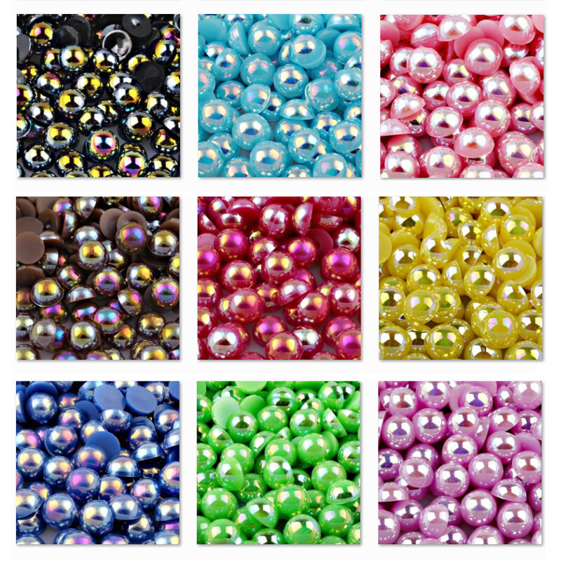 Bling AB Mix wiele kolorów 2/3/4/6/8/10mm sztuczna perła półokrągłe koraliki FlatBack żywica z tworzywa sztucznego luźne błyszczy dla DIY Nail Art