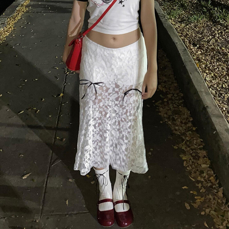 TARUXY nowe kokardki w jednolitym kolorze koronkowe długie spódnice dla kobiet gorąca dziewczyna letniej mody Hig talia klubowa spódnica damska