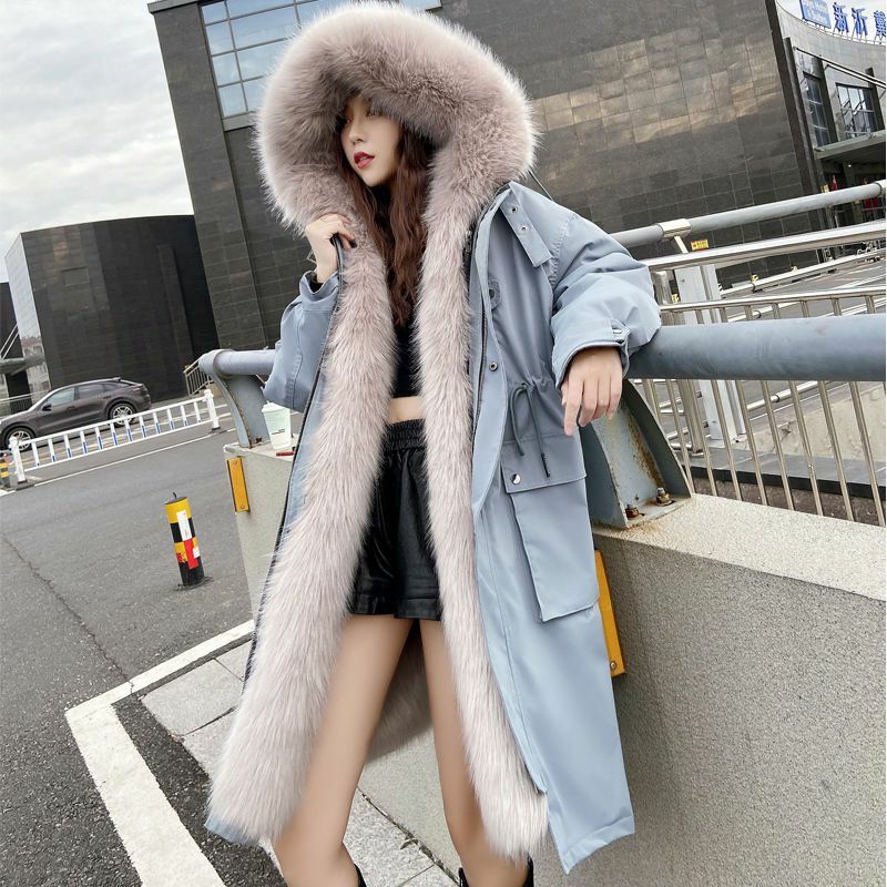 2023 nuova giacca di cotone con colletto di lana spessa per giacca di pelliccia da donna con cappuccio invernale da donna con cappuccio lungo parka staccabile
