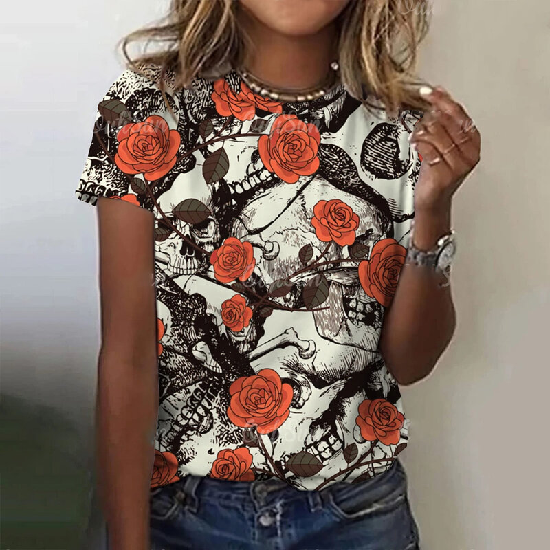 T-shirt à manches courtes à motif floral rétro pour femmes, col rond, vêtements ajustés, haut décontracté, t-shirt à la mode