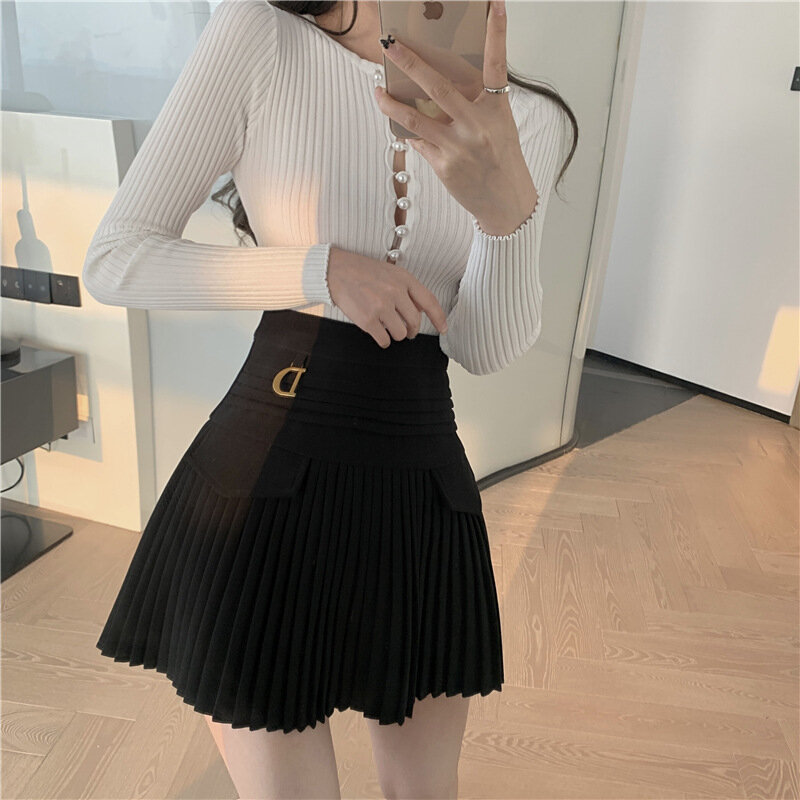 2022 weiße Falten Röcke Sexy Beiläufige Dünne College Frauen Hohe Taille Mini Metall Brief D A-Line Clubwear Koreanische Mode Stil