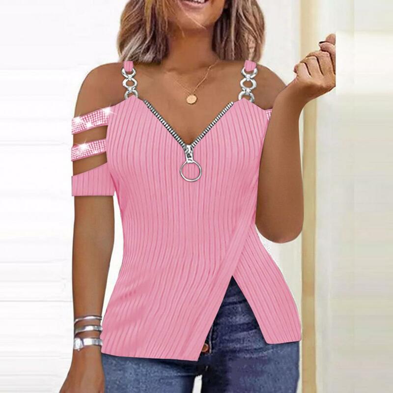 Women's V-neck Top Elegant V-neck Sequin Blouse Trendy Zip Detail Top Minimalistic Split Hem T-shirt Women's Summer for A