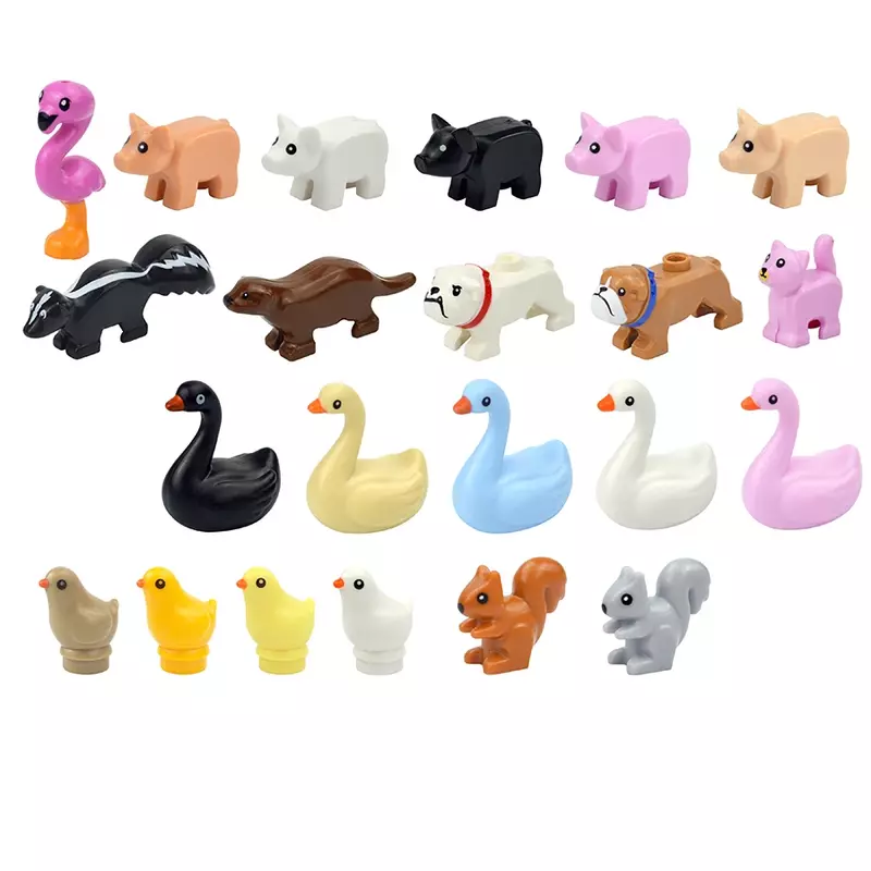 Klocki do budowania zwierząt z kaczego łabędzia świni kot figurki ptak pies Zoo akcesoria małe elementy zestaw klocków zabawki dla dzieci prezenty