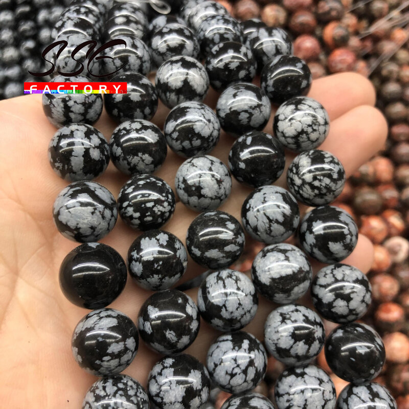 Natural Obsidian Stone Beads para Fazer Jóias, Floco de Neve, Labraster, Redondo, Espaçador Solto, Charm Bracelet, DIY, 4mm, 6mm, 8mm, 10mm, 12mm, 15 pol