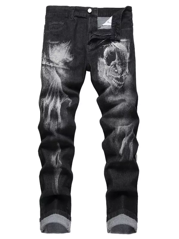 European and American jeans 3D printing elastic jeans Y2K pattern printing trend personality casual men's slim denim trousers