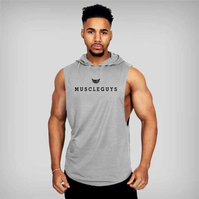 New Brand Summer Men's Bodybuilding Fitness Gym Sports Loose Letter Printed Workout Mens Casual Breathable Hoody Vest