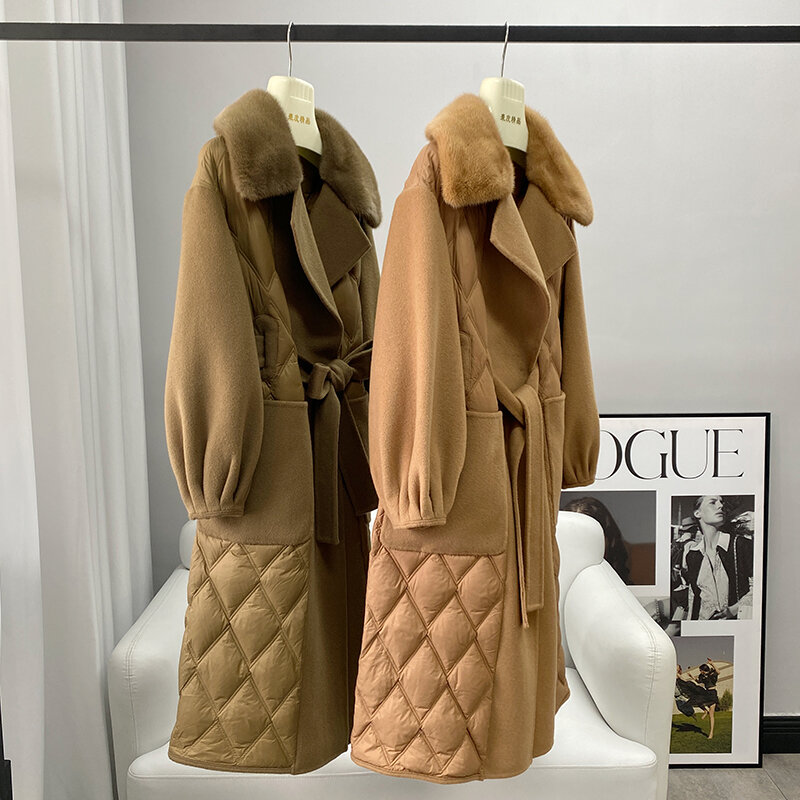 Aorice mulheres jaqueta de lã de inverno de luxo para baixo casaco femal vison gola de pele casacos senhora longo sobre o tamanho parka trincheira ct2154