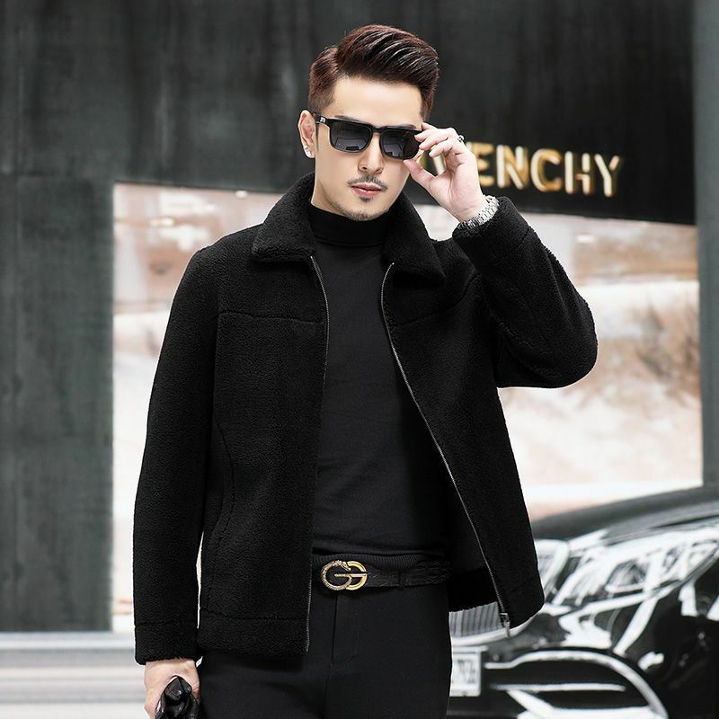 2023 Men Winter Fashion Lapel Long Sleeve Jackets Male Genuine Lamb Fur Warm Outerwear Men Solid Color Real Fur Coats I542