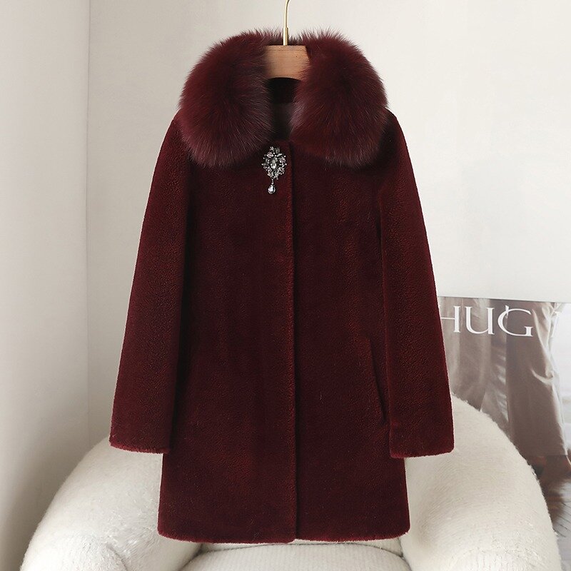 女性の羊のきらめく暖かいコート、中級の髪の襟、中央の長さのジャケット、jt426、冬、新しい、2023