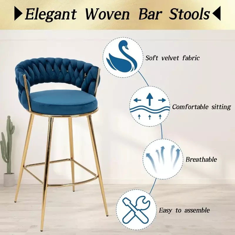 Bar Stools Set of 2, 29 Inches Height Comfy Seat and Sturdy Golden Metal Legs, Handmade Woven Back Armrest, Bar Chair