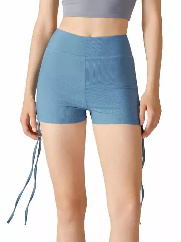 Pantalones cortos deportivos de cintura alta para mujer, pantalones cortos ajustados de melocotón para correr, pantalones de Yoga con cordón