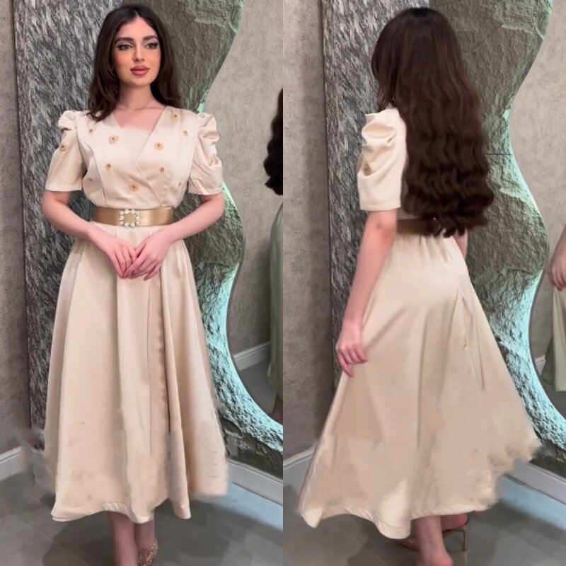 Jiayigong High Quality Exquisite  Satin Beading Sashes Cocktail Party A-line Square Neck Bespoke Occasion Gown Midi Dresses  