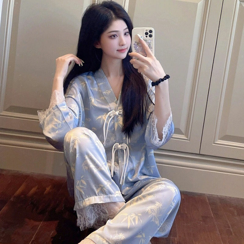 Pigiama di seta donna pigiama set manica lunga top pantaloni Loungewear piatto bottone pizzo Trim coreano Chic stampe pigiameria nuovo