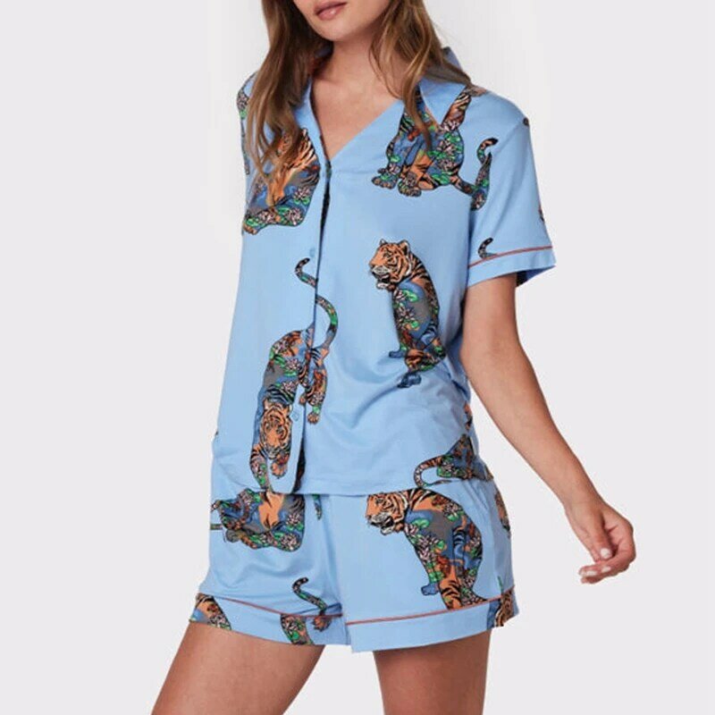 Блузка с коротким рукавом и принтом зебры/тигра, из 2 предметов + эластичные шорты, женская летняя одежда для отдыха, мягкая одежда для сна