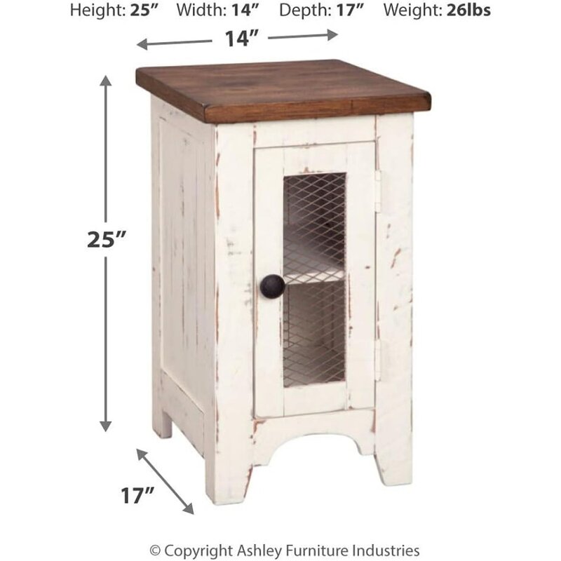 Wystfield Farmhouse Chair Side End Table with Cabinet Door for Storage, White & Brown with Distressed Finish