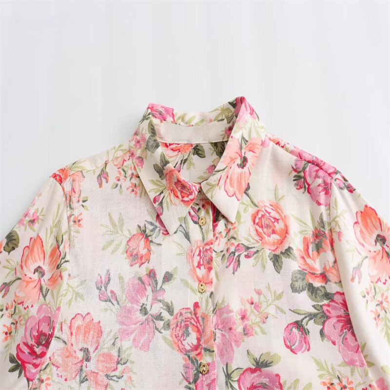 Camisa de seda estampa floral single-breasted, camisa de textura cetim, blusa curta casual solta de manga comprida, nova, verão, 2024