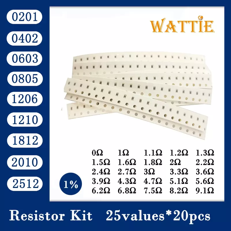 Jogo do resistor de Smd 0201, 0402, 0603, 0805, 1206, 1210, 1812, 2512, smd, 25 valores x 20 = 500pcs