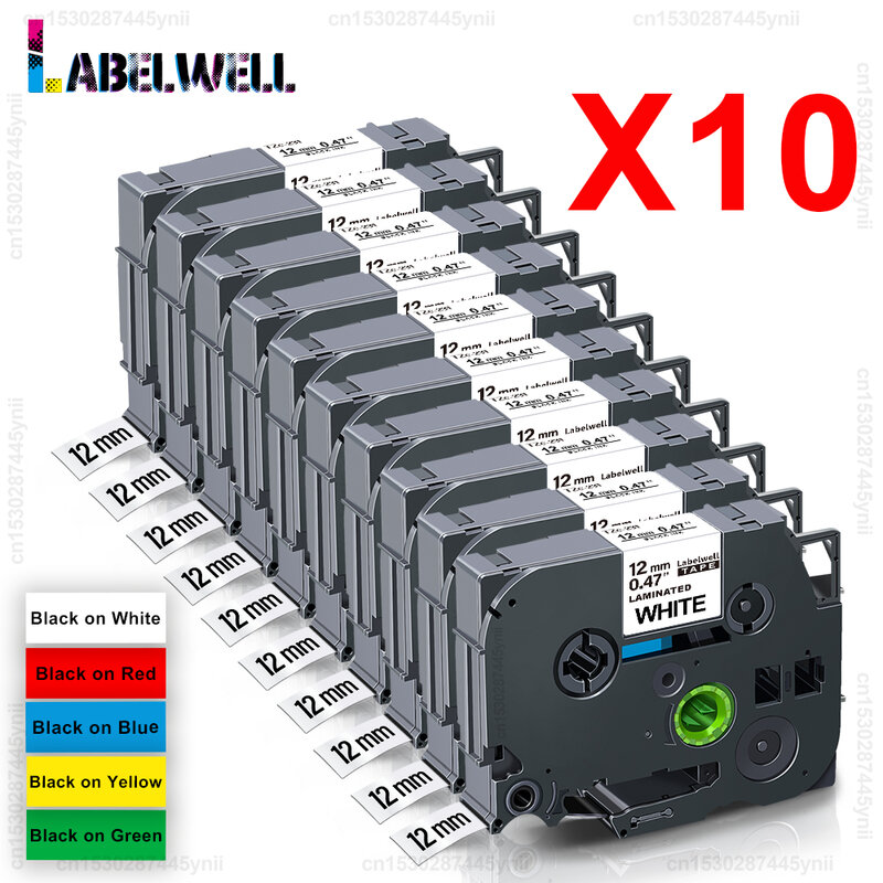 Labelwell-Ruban d'étiquettes laminées, compatible pour Brother 231, 231, 221, 131, 531, 631, P-Touch, PTH110, étiqueteuse,, 12mm, 5/10PK