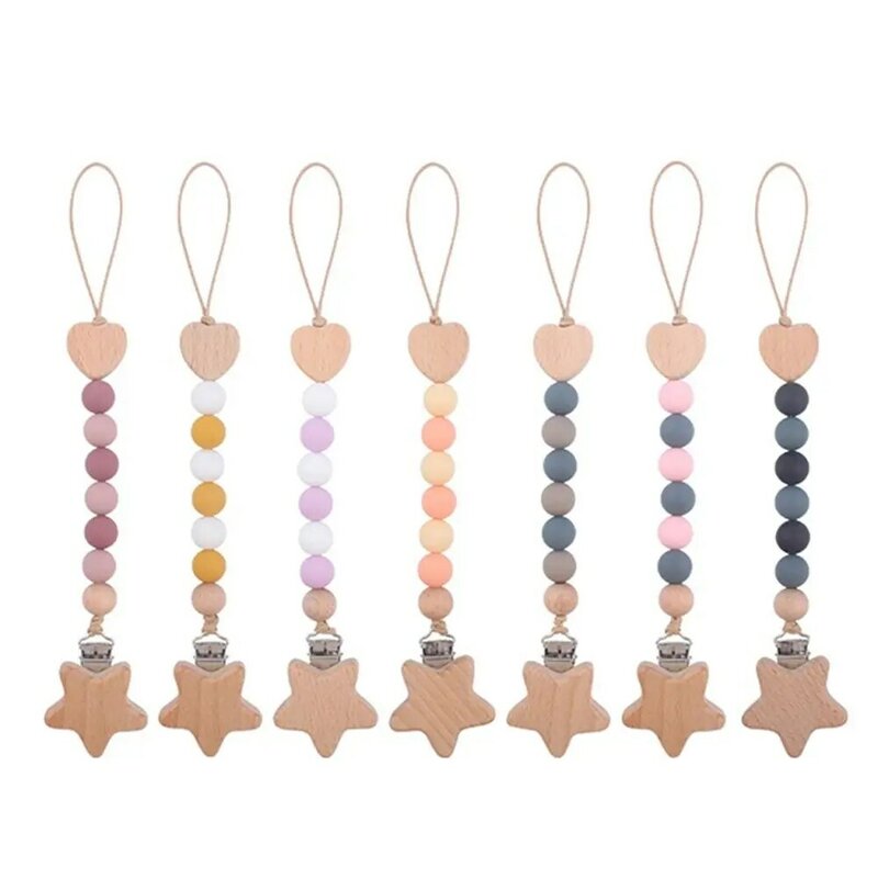 Wood Pacifier Holder Clips Love Heart Star Baby Teether Toys Straps Soother Holder Dummy Clips Baby Pacifier Chain Children