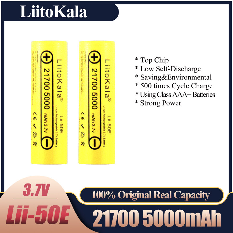LiitoKala Lii-50E 21700 Batería Recargable, Pila de Descarga de Alta Potencia 5000mah V, 5C para Electrodomésticos