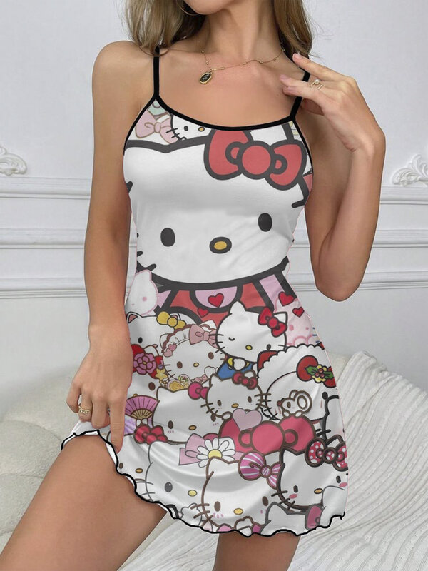 Vestido corto de cuello redondo para mujer, minifalda de pijama de Hello Kitty con ribete de lechuga, superficie de satén, elegante, a la moda, verano 2024