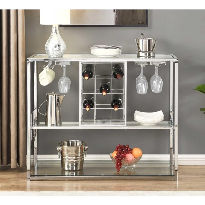 Wine Rack Table with Glass Holder, 3-Tier with Temered Glass Shelves, Modern Liquor Cabinet with Storage for Wine Bar, Living