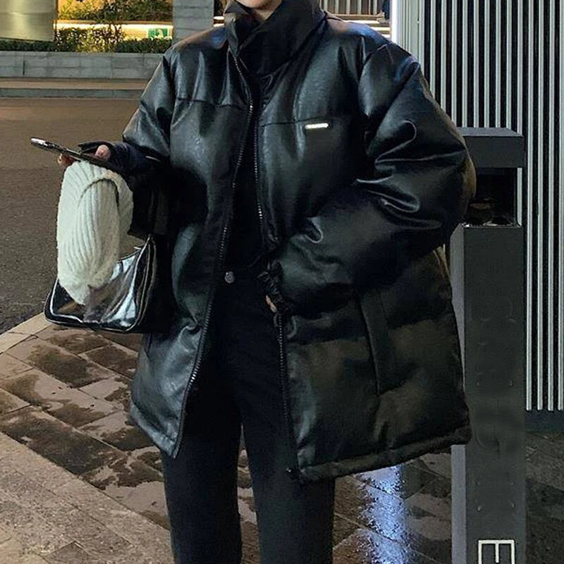 Jaket kulit imitasi wanita, jaket Luaran parka warna hitam terang tebal Korea musim dingin, mantel longgar Matte