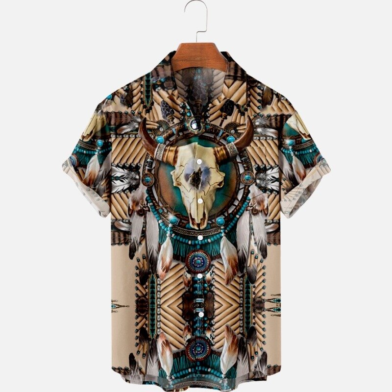 남성용 오버사이즈 하와이안 인디언 토템 셔츠, 편안한 캐주얼 3D 프린트, 해변 반팔, 여름 동물 깃털 털, 패션