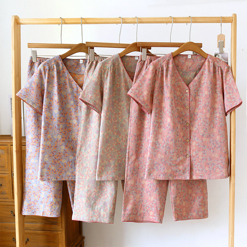 Conjunto de pijama de manga curta feminino, conjunto de pijama de algodão, confortável e respirável, com estampa, para noite e casa