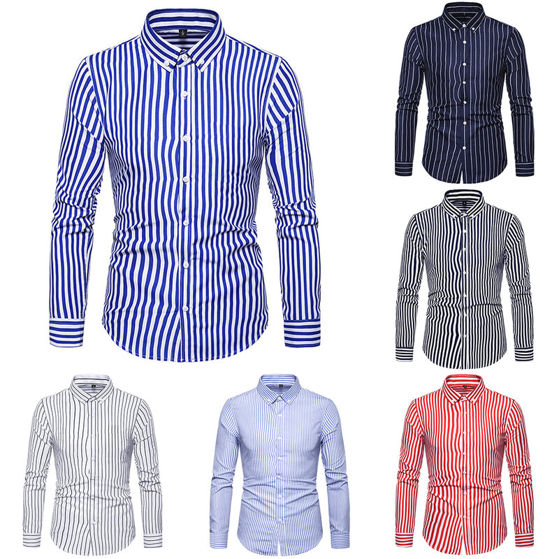 Camisas de negócios listras masculinas, colarinho de lapela, tops retrô de manga longa, vestido casual formal, roupas masculinas, camiseta