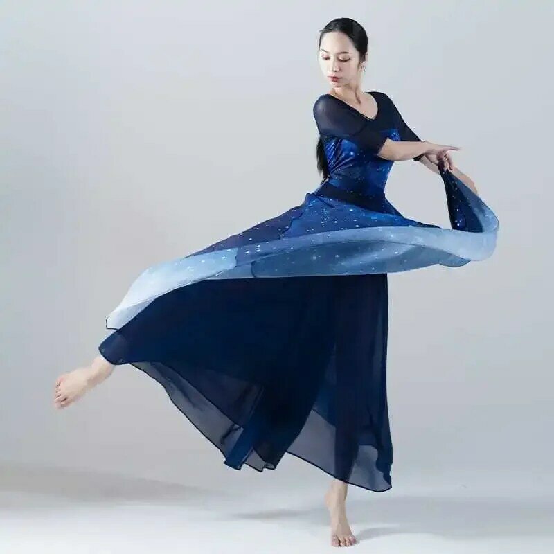 Sterrenhemel Blauwe Gradiënt Chiffon Danspak Vrouwen Grote Rok Moderne Dans Klassieke Dans Balletvoorstelling Kleding