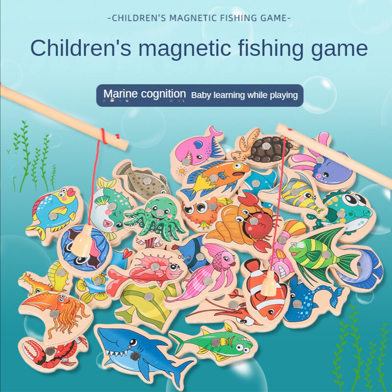 Juego de Fshing magnético de madera para niños, juguetes de caña de pescar cognitiva de vida marina de dibujos animados, educativo temprano, interactivo para padres e hijos