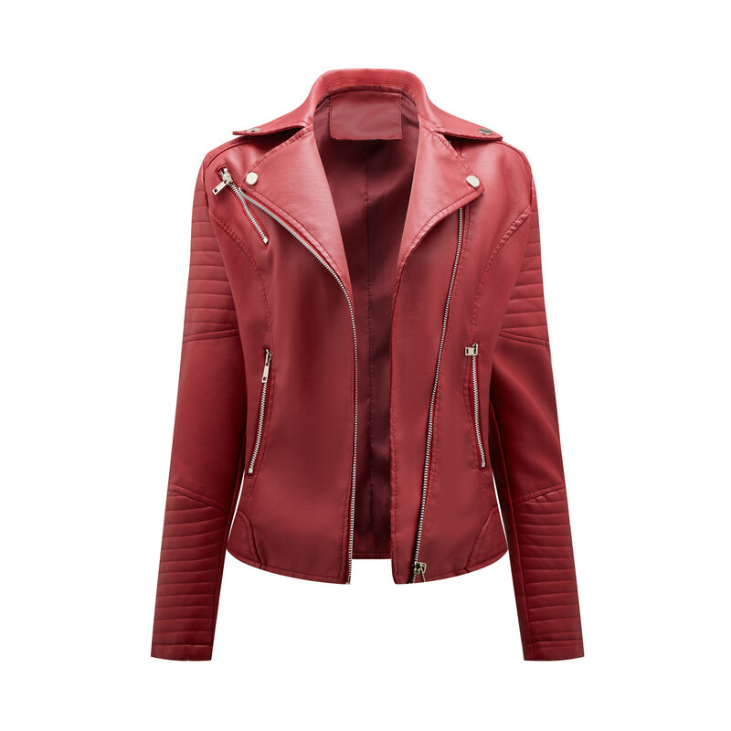 Jaqueta Moto de couro feminina com zíper, casaco de pele de carneiro vermelho, preto, damasco, café, outono, primavera, 2022