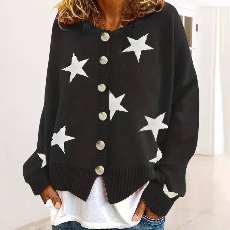 여성용 5 포인트 스타 가디건, 긴팔 V넥 싱글 브레스트 스웨터 재킷, 가을 및 겨울