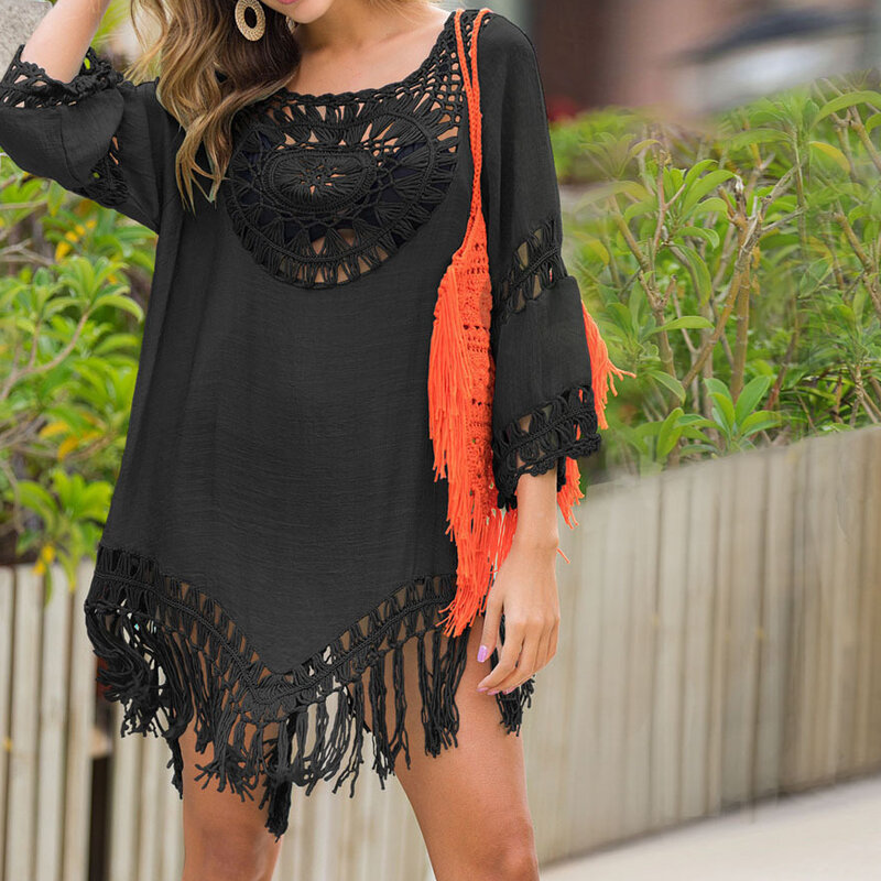 Hand Hook Large Circular Splicing Loose Tassel Vacation Style Beach Cover Up for Women in Spring/summer 2024