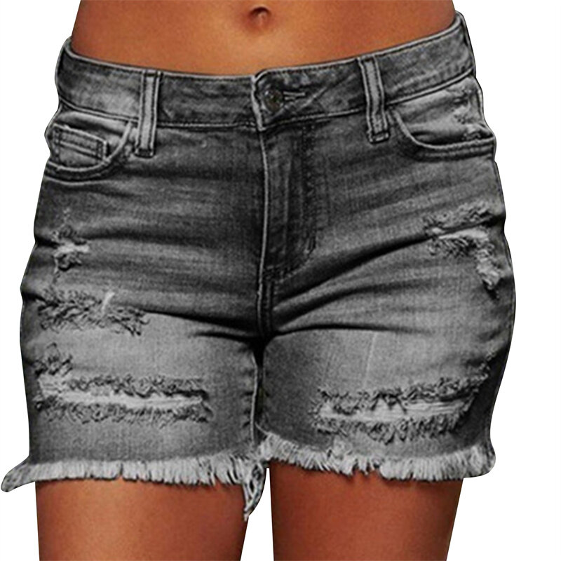 Blue Ripped Denim Shorts With Tassel Pockets Women 2023 Summer Streetwear High Waist Button Up Sexy Hole Rave Jean Shorts