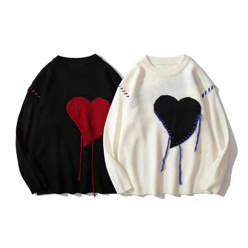 Suéter de coração de casal, combinando cores, gola O, manga comprida, top de malha, decoração de crochê, malhas masculinas, outono, inverno