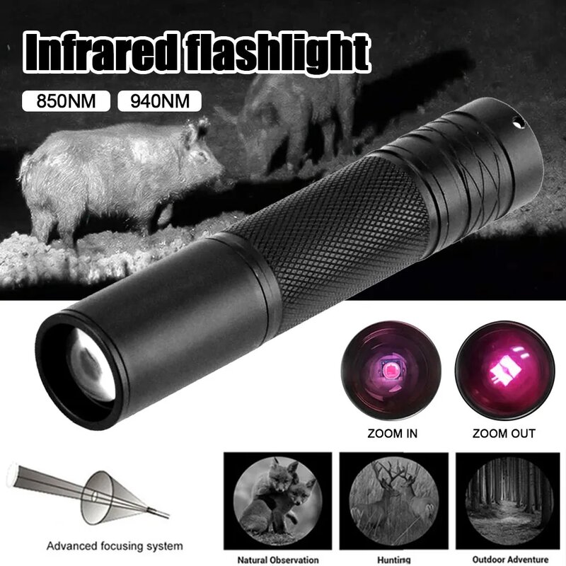Zoomable IR Hunting Torch, Luz de arma de radiação infravermelha, Dispositivos de visão noturna, Foco ajustável, 850nm, 940nm
