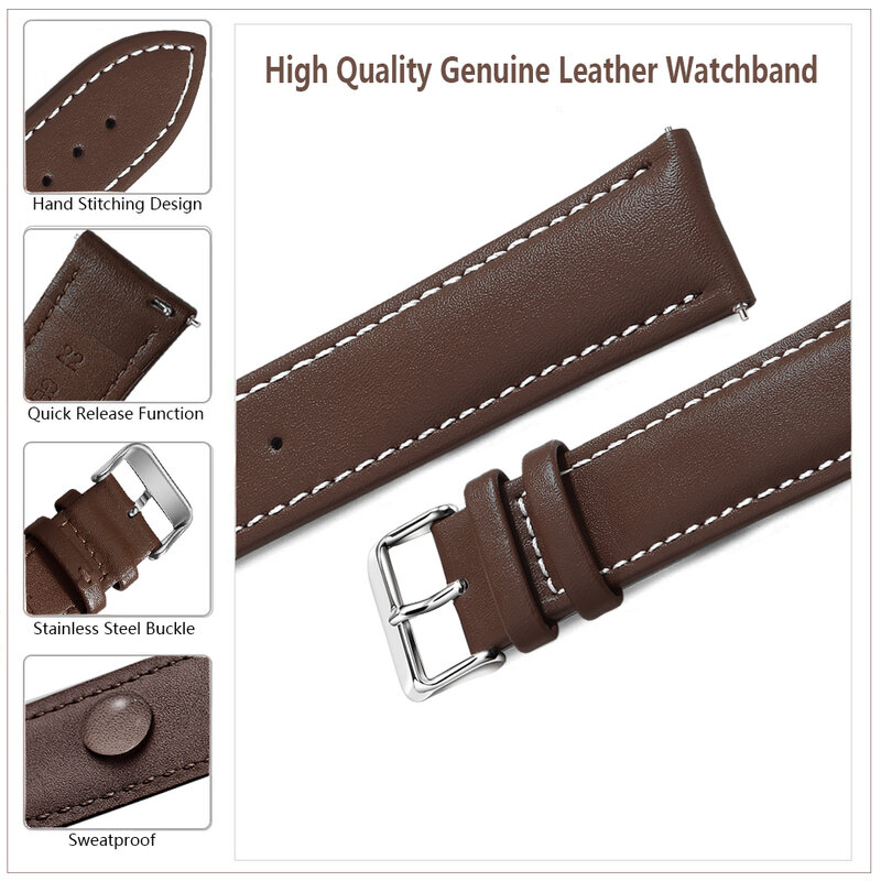 Top Grain Genuine Leather Watch Band, Quick Release 18mm/20mm/22mm Watch Straps,  Fits Samsung Galaxy Watch, Garmin Huawei Watch