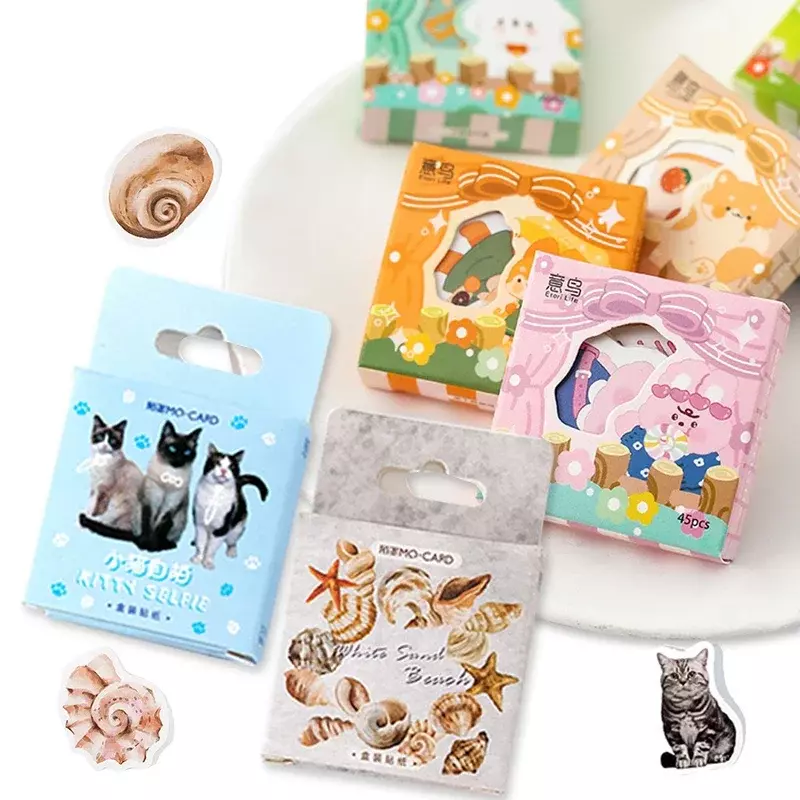 45/46 pz scatola fai da te pacchetto adesivi Kawaii Mini vari stili fresco retrò manuale diario adesivi decorativi dei cartoni animati 4CM